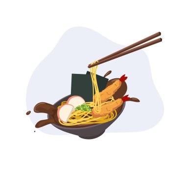 Japon eriştesi, tempura karides çubuğu ve erişte çorbası.