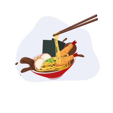 Japon yemekleri, tempura karides çubukları ve kırmızı kasede erişte çorbası.