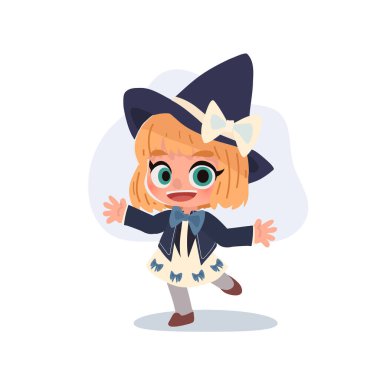 Cadılar bayramı cadı chibi sanat sevimli çizgi film kızı kostümlü gülümseyen sihirli karakter bayram partisi için