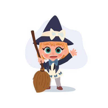 Cadı gibi giyinmiş sevimli bir çocuk elinde kocaman bir gülümsemeyle süpürge tutuyor. fantezi tarzı. 