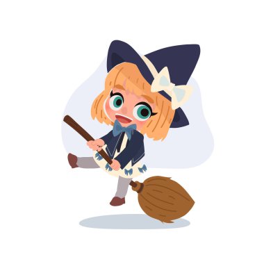 Süpürgeyle uçan sevimli çizgi film çocuk cadısı Cadılar Bayramı için kostüm giyiyor.