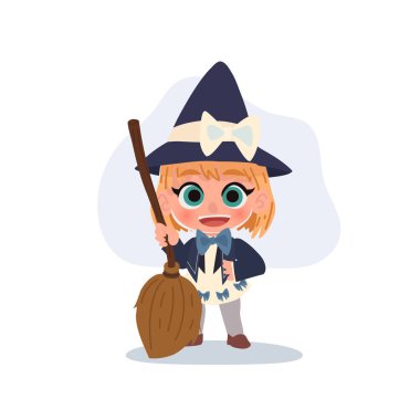 Cadı gibi giyinmiş, elinde süpürgeyle cadılar bayramı kostümünde gülümseyen genç bir kız.