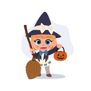 Cadı kostümü Cadılar Bayramı karakter çizimi. Süpürge sapı ve balkabağı feneriyle. Şenlikli kıyafet içinde şirin bir çocuk.