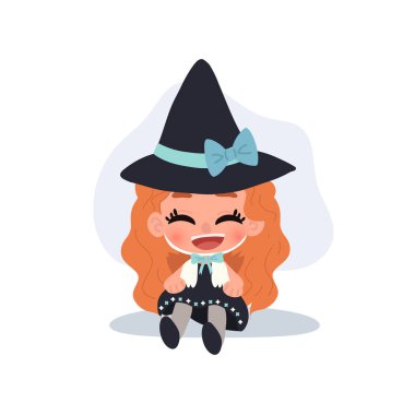 Cadılar Bayramı çizgi filminde cadılar bayramı cadısı şapkası ve yayı olan sevimli küçük kız Cadılar bayramı için mutlu çocuk karakter oturuyor.