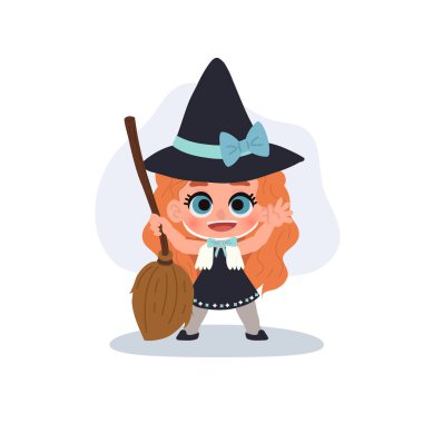 Siyah kostüm giyen, elinde süpürge tutan, turuncu saçlı, şirin bir cadı kız.