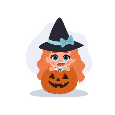 Turuncu saçlı, şirin bir cadı. Şapka takıyor ve Cadılar Bayramı teması olarak balkabağı kabağı feneri tutuyor.