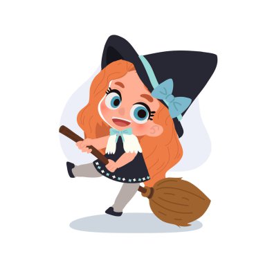 Tatlı cadılar bayramı cadısı. Cadı şapkalı çocuk ve çocuklar için cadılar bayramı partisi için süpürge şenliği çizgi film sanatı.