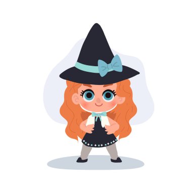 Cadı cadılar bayramı tatlı çizgi film kızı. Karakter çizimi. Büyük gözleri ve çocuklar için sivri şapkası var.