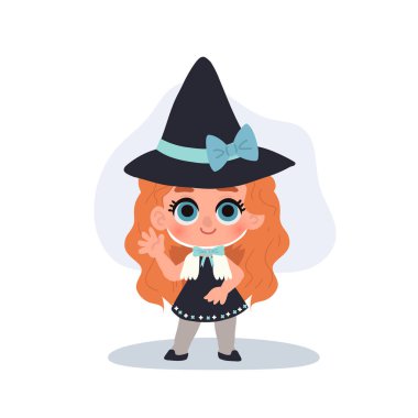 Cadı gibi giyinmiş şirin küçük kız Cadılar Bayramı kostümlü, sihirli şapkalı.