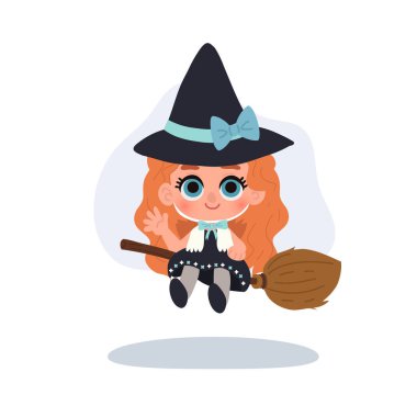 Cadılar bayramı cadı illüstrasyonu uçan uçan tatlı çizgi film kızı sihirli fantezi karakter sevimli kostüm