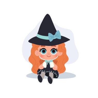 Kawaii cadı kız Cadılar Bayramı kostümü içinde oturuyor.