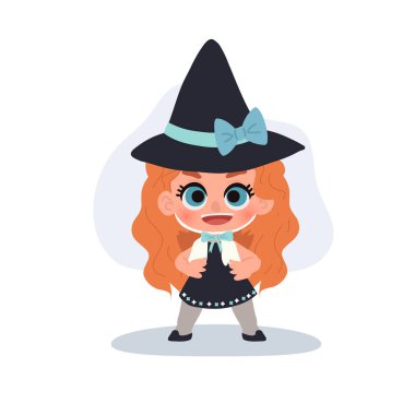Cadı gibi giyinmiş, büyük bir şapka takmış ve cadılar bayramı resmi için mükemmel bir fiyonk takmış küçük şirin bir kız.