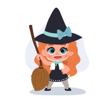 Cadı gibi giyinmiş, şapkası ve süpürgesi olan küçük tatlı bir kız. Mükemmel bir cadılar bayramı çizimi.