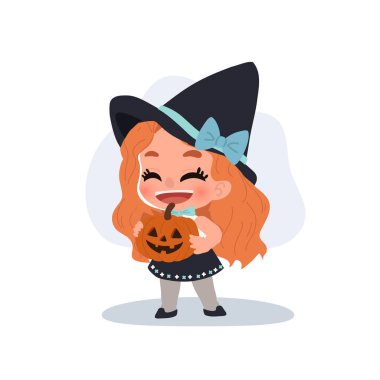 Cadılar bayramı için balkabağı çizgi film karakteri Jack o fener ile sevimli küçük cadı