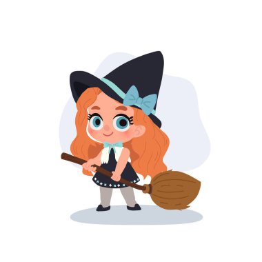 Süpürge saplı ve şapkalı küçük bir kız cadılar bayramı için mükemmel.