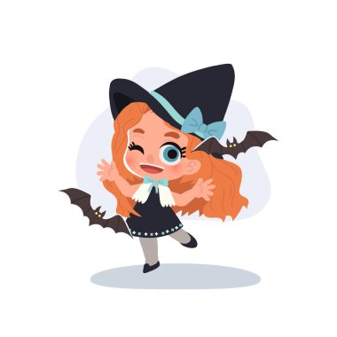 Cadılar bayramı partisinde etrafta uçan yarasalarla dolaşan kostümlü bir çocuğu gösteren cadı kız çizimi