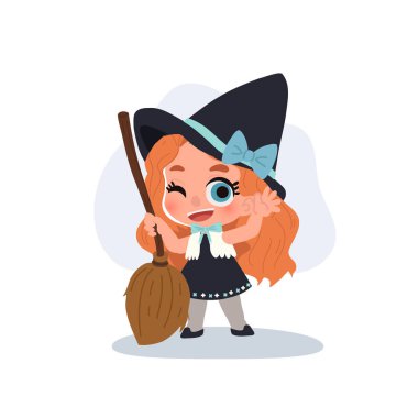 Tatlı cadılar bayramı cadı çocuk illüstrasyonu Süpürge sihirli karakter şapkalı kız göz kırpan