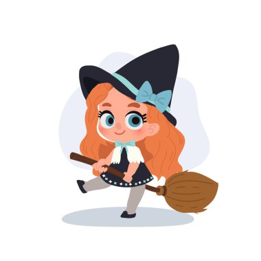 Süpürgeli cadılar bayramı cadısı kız. Cadılar bayramı