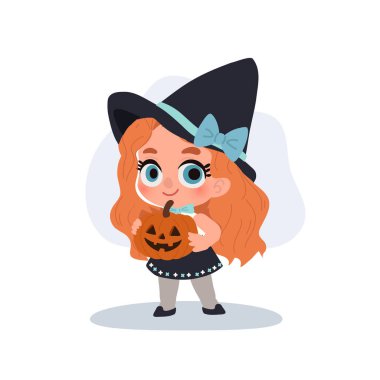 Cadılar Bayramı Cadılar Bayramı 'nda Cadılar Bayramı' nda balkabaklı tatlı cadı küçük kız Jack o Lantern çizgi film karakteri çizimi Cadılar Bayramı kostüm partisi için