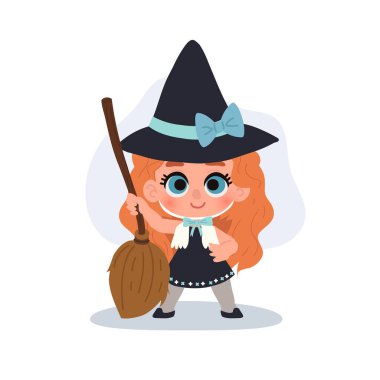 Cadılar Bayramı cadı karakteri. Siyah kostümlü sevimli küçük kız. Süpürge saplı, sihirli cadılar bayramı çizgi filmi.