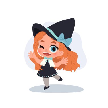 Cadılar bayramı kostümü giymiş şirin cadı kız şapkalı ve yay takan çocuk karakteri