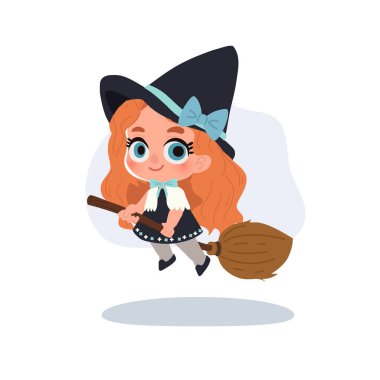 Süpürge sapıyla uçan tatlı cadı kız cadılar bayramı çizimi. 