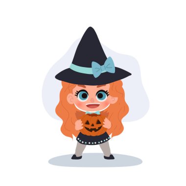 Cadı gibi giyinmiş, elinde balkabağı tutan tatlı bir kız. Cadılar Bayramı Cadılar Bayramı kostümü karakteri.