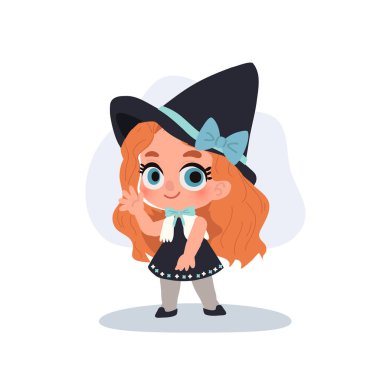 Cadılar bayramı için mükemmel yay ve şapkalı sevimli cadı çocuk karakteri