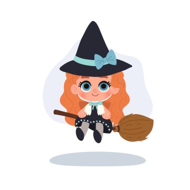 Tatlı cadı kız cadılar bayramı çizgi film çizimi çocuk karakteri süpürge sopasıyla uçuyor.