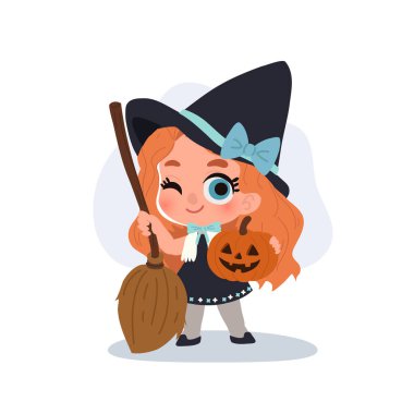 Cadılar bayramı için süpürge ve fenerli cadılar bayramı kostümlü çocuk.