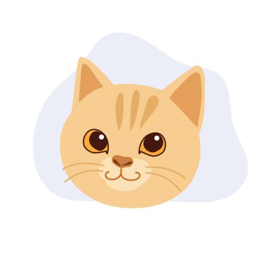 Büyük gözlü gülümseyen bir kedi kafası, düz çizgi film stili, çıkartmalar, maskotlar, emojiler, çocuk kitapları ve evcil hayvan temalı grafikler için uygun..