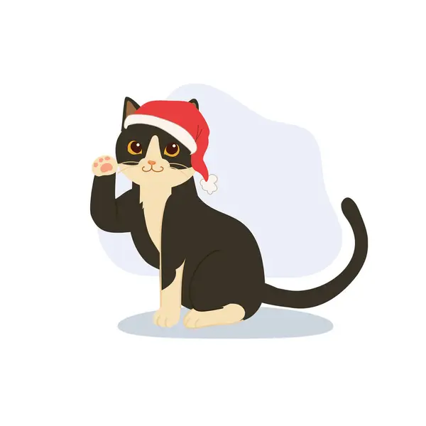 Noel Baba kedisi, Noel Baba şapkası takan sevimli çizgi film kedisi tebrik kartları ve mevsimlik tasarım için bayram resimlerini çiziyor.