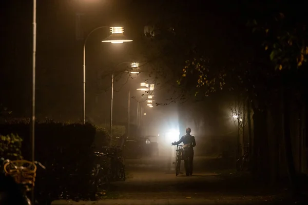 Copenhagen Denmark Woman Walks Her Bike Foggy Night — Stock Photo, Image