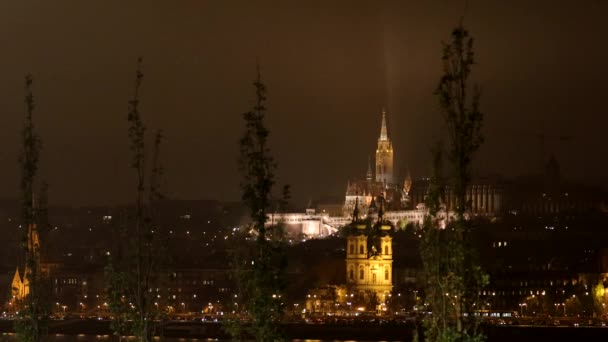 Budapest Hongarije Skyline Van Stad Castle Hill Nachts — Stockvideo