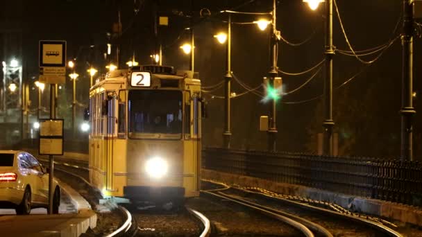 Budapest Hungría Tranvía Número Dos Por Noche Szechenyi Rkp Centro — Vídeo de stock