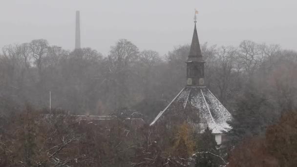 哥本哈根 丹麦降雪覆盖弗里德里克斯贝格公园和弗里德里克斯贝格教堂 — 图库视频影像