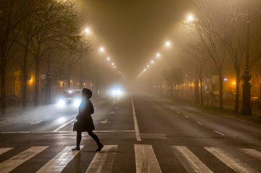 Budapeşte, Macaristan yayaları Oktogon meydanında sisli bir gecede.