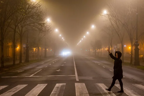Budapeste Hungria Pedestres Uma Noite Nebulosa Praça Oktogon — Fotografia de Stock