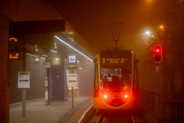 Будапешт Венгрия Трамвайная Остановка Тумане Ночью Вокзале — стоковое фото