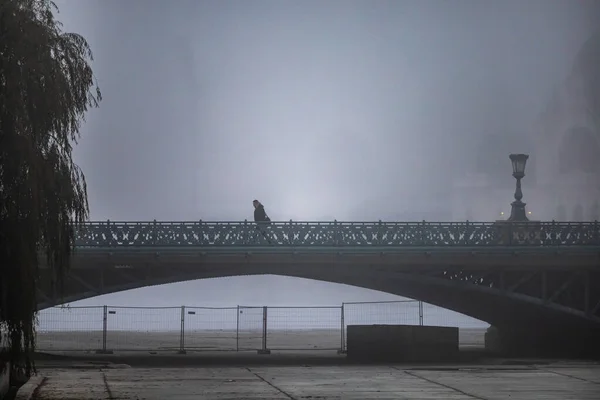 Budapeste Hungria Homem Vacila Sobre Uma Ponte City Park Noite — Fotografia de Stock