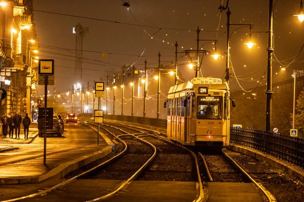 Будапешт Венгрия Трамвай Возле Парламента Мокрую Туманную Ночь — стоковое фото