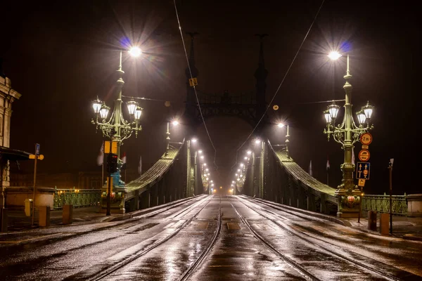 Будапешт Угорщина Міст Свободи Вночі Над Дунаєм — стокове фото