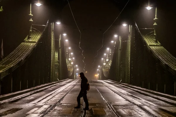 Budapest Ungheria Uomo Cammina Solo Notte Attraverso Ponte Della Libertà — Foto Stock