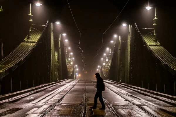 Будапешт Венгрия Мужчина Идет Один Ночью Через Мост Свободы Через — стоковое фото