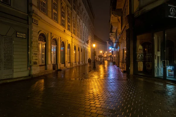 Budapest Hungría Una Persona Camina Noche Plaza Dek Ferenc Centro — Foto de Stock
