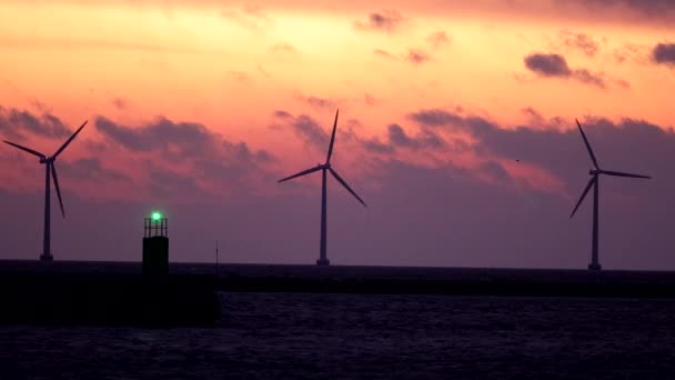 コペンハーゲンデンマークオレンジ海峡上空で夜明けに回転する風力タービン — ストック動画