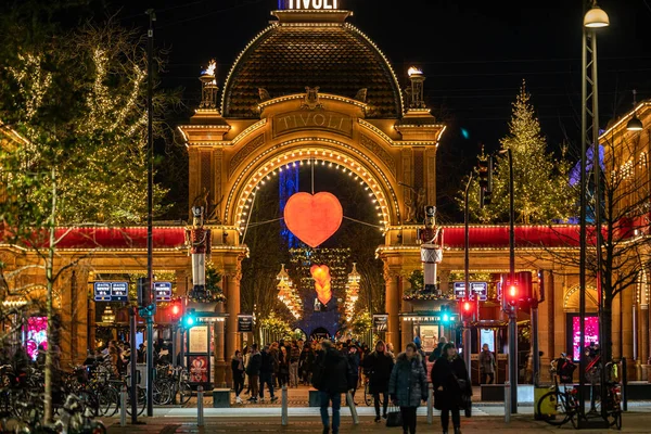 Copenhagen Denmark Entrance Tivoli Gardens Amusement Park Night — Stock Photo, Image