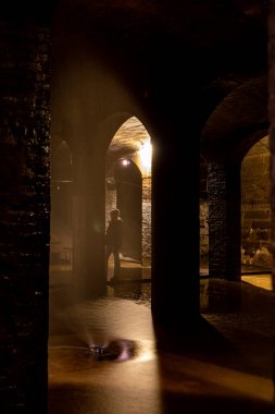 Kopenhag, Danimarka Frederiksberg bölgesindeki eski sarnıçta yeraltı kemerlerinin yanında bir kadın duruyor..