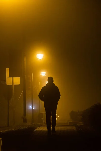Solomons Island, Maryland,USA A man walks alone in silhouette on a narrow brick sidewalk at night with street lamps.