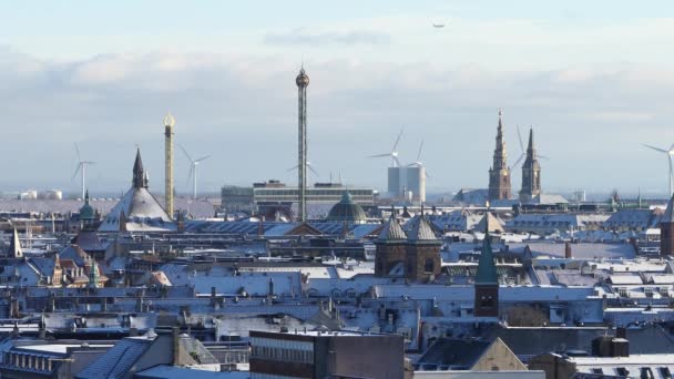 Copenhague Dinamarca Nieve Cubre Los Tejados Del Horizonte Ciudad Las — Vídeo de stock